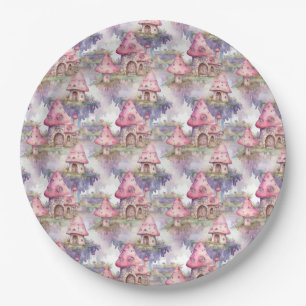 Whimsical Mushroom Cottage Pattern (4) Paper Plate