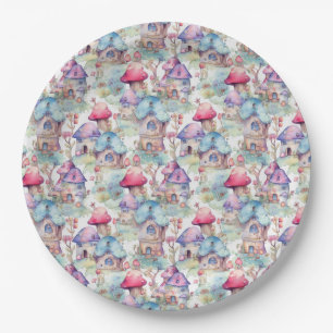 Whimsical Mushroom Cottage Pattern (6) Paper Plate