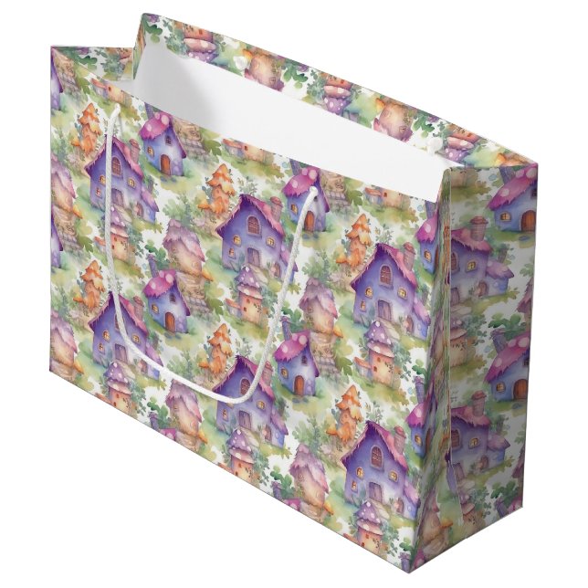 Whimsical Mushroom Cottage Pattern (7) Large Gift Bag (Front Angled)
