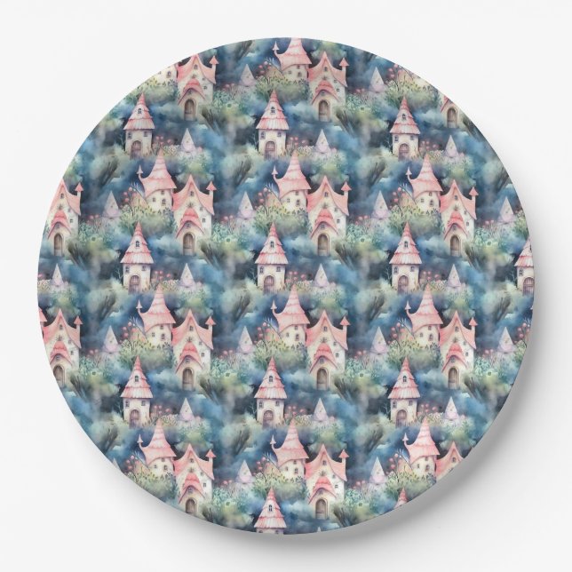 Whimsical Mushroom Cottage Pattern (8) Paper Plate (Front)