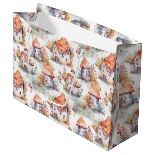 Whimsical Mushroom Cottage Pattern (9) Large Gift Bag (Front Angled)