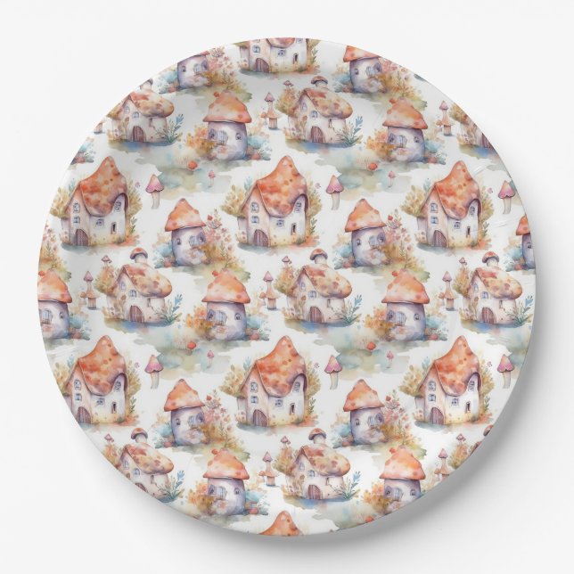 Whimsical Mushroom Cottage Pattern (9) Paper Plate (Front)