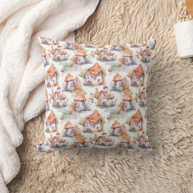 Whimsical Mushroom Cottage Pattern (9) Throw Pillow (Blanket)