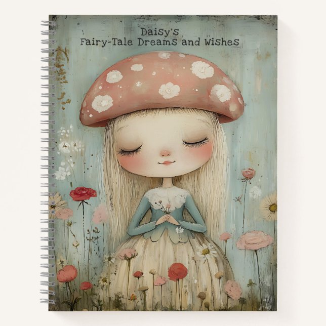 Whimsical Mushroom Fairy in a Flower Meadow Custom Notebook (Front)