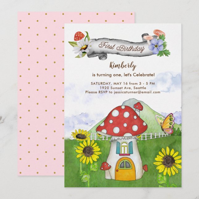Whimsical Mushroom Floral Banner First Birthday Invitation (Front/Back)