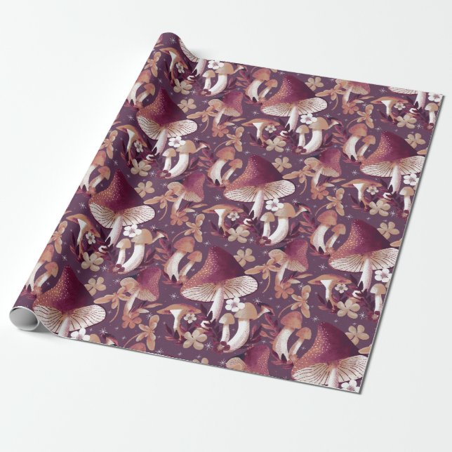 Whimsical Mushroom Floral Pattern Wrapping Paper (Unrolled)