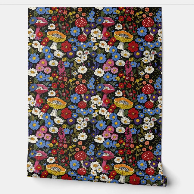 Whimsical Mushroom Floral Peel and Stick Wallpaper (Unrolling)