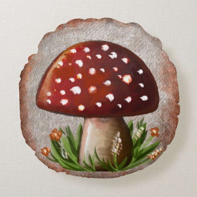 Whimsical Mushroom & Fungi Motif – Nature-Inspired Round Pillow (Front)