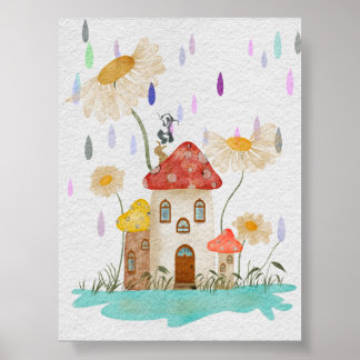 Whimsical Mushroom House in Floral Rain Watercolor Poster