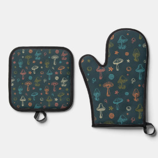 Whimsical Mushroom pattern Oven Mitt & Pot Holder Set