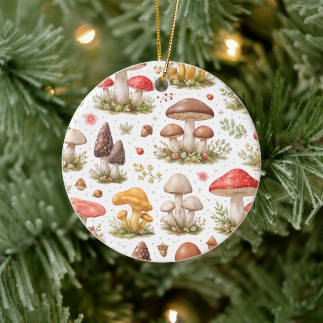 Whimsical Mushroom Pattern – Vintage Botanical  Ceramic Ornament (Tree)