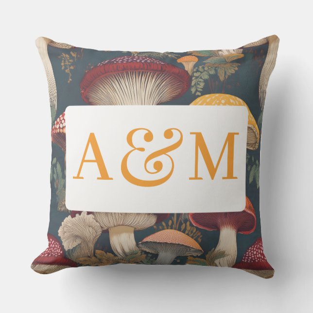 Whimsical Mushroom Pattern with Dual Monogram Outdoor Pillow (Front)