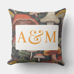Whimsical Mushroom Pattern with Dual Monogram Outdoor Pillow