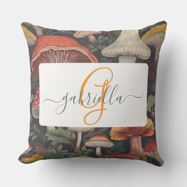 Whimsical Mushroom Pattern with Name & Monogram Outdoor Pillow (Front)