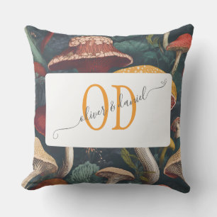 Whimsical Mushroom Pattern with Names & Monogram Outdoor Pillow