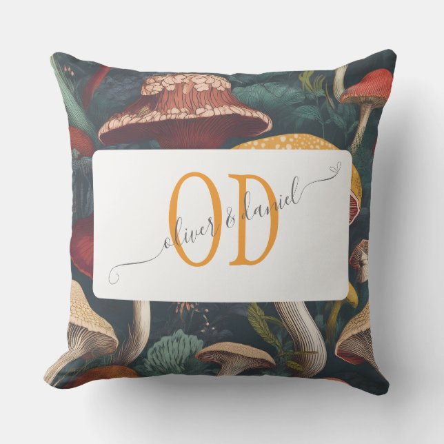 Whimsical Mushroom Pattern with Names & Monogram Outdoor Pillow (Front)