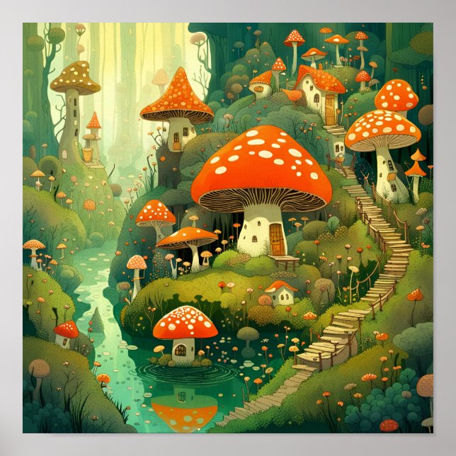 Whimsical Mushroom Village Poster (Front)