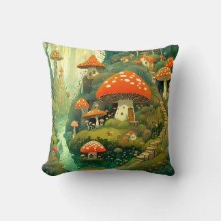 Whimsical Mushroom Village Square Throw Pillow