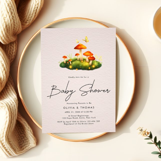 Whimsical Mushroom Woodland Script Baby Shower Invitation (Creator Uploaded)