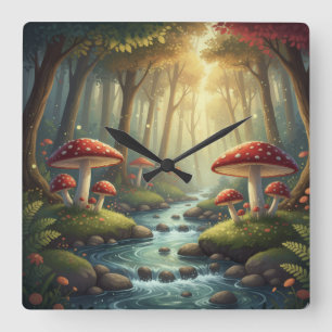 Whimsical Mushrooms and brook Square Wall Clock