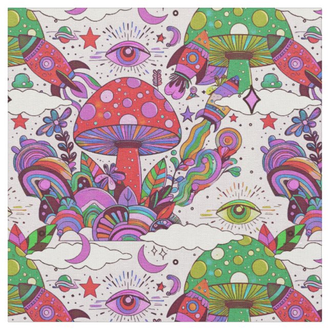 Whimsical Mushrooms and Rocket Ships  Fabric (Close Up)