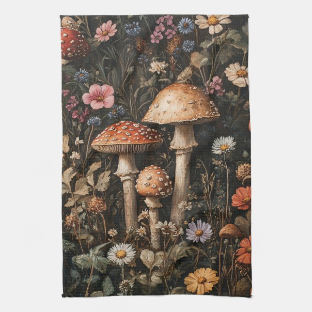 Whimsical Mushrooms and Wildflowers Botanical Kitchen Towel (Vertical)