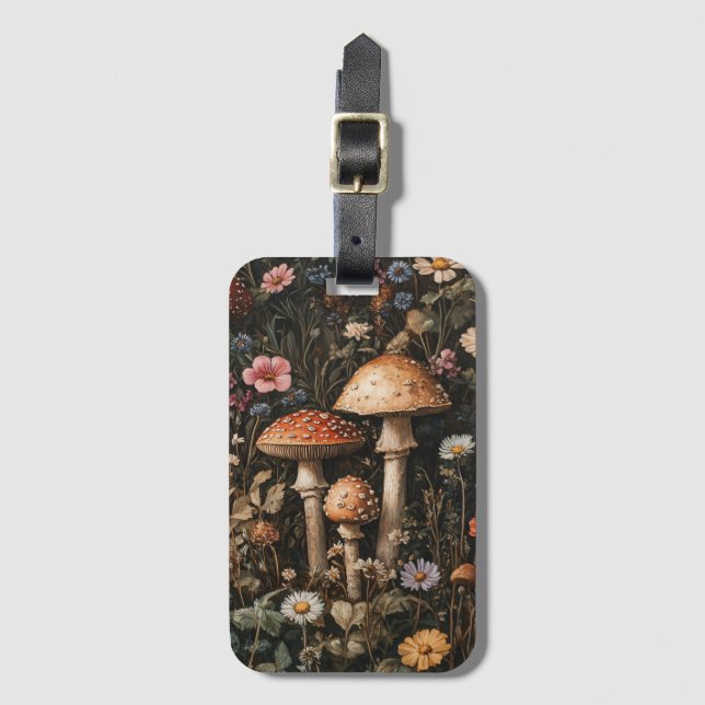 Whimsical Mushrooms and Wildflowers Botanical Luggage Tag (Front Vertical)