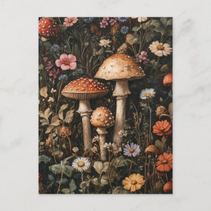 Whimsical Mushrooms and Wildflowers Botanical Postcard