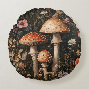 Whimsical Mushrooms and Wildflowers Botanical Round Pillow
