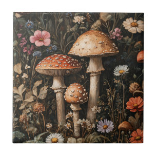 Whimsical Mushrooms and Wildflowers Botanical Tile