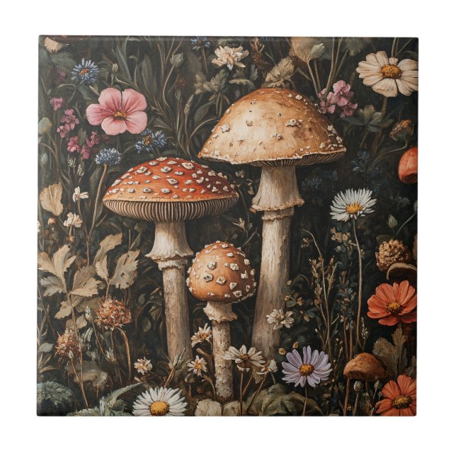 Whimsical Mushrooms and Wildflowers Botanical Tile (Front)
