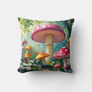 Whimsical Mushrooms Enchanted Forest Throw Pillow