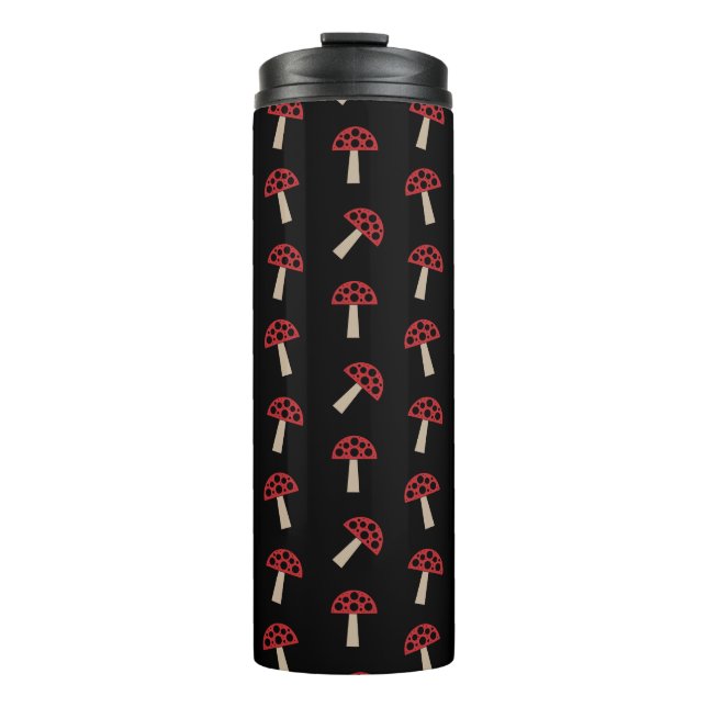 Whimsical Mushrooms Red And Black Pattern Thermal Tumbler (Front)