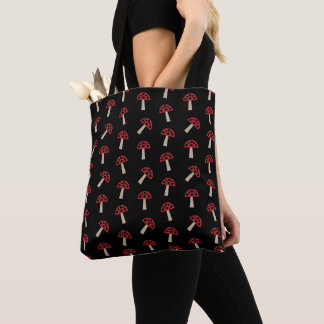Whimsical Mushrooms Red And Black Pattern Tote Bag
