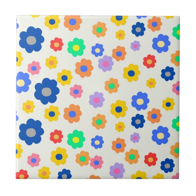Whimsical Mustard & Black Floral Retro Cheerful Tile (Front)