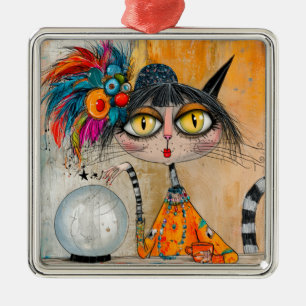 Whimsical Mystic Fortune Teller Cat Metal Ornament