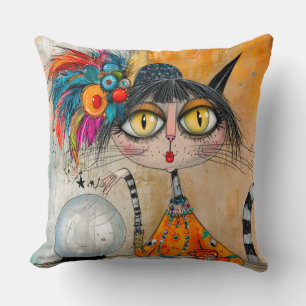 Whimsical Mystic Fortune Teller Cat Throw Pillow