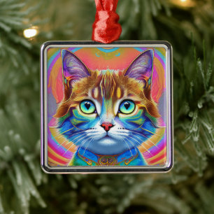 Whimsical Mystical Colourful Cat Metal Ornament
