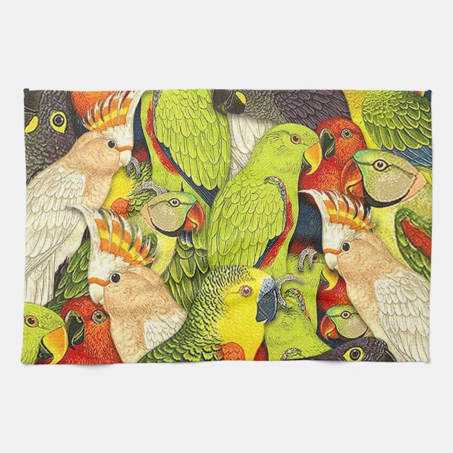 Whimsical Nature Green Parrots Birds Pattern Kitchen Towel (Horizontal)