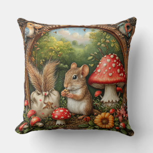 Whimsical Nature Scene With Mouse, Mushrooms Throw Pillow