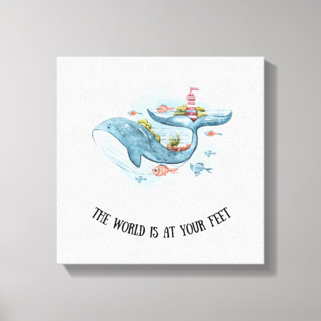 Whimsical Nautical Blue Whale Stretch Canvas Print (Front)