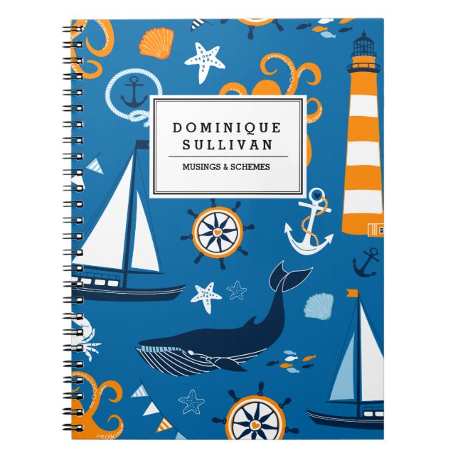 Whimsical Nautical Scene Pattern Personalized Notebook (Front)