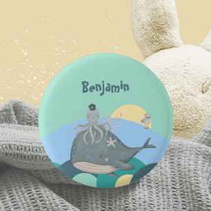 Whimsical Nautical Whale Octopus Green Baby Shower 1 Inch Round Button