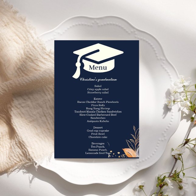Whimsical Navy blue Graduation Party menu (Créateur téléchargé)