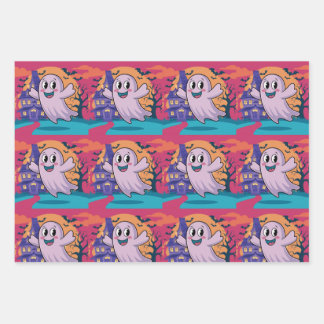 Whimsical Neon Ghost, Candy Corn, Witch, Halloween Wrapping Paper Sheet