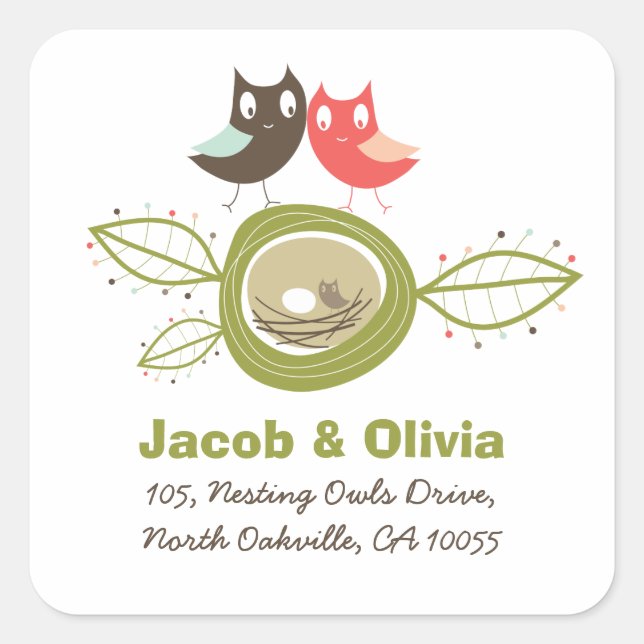 Whimsical Nesting Owl Family Baby Shower Address Square Sticker (Front)