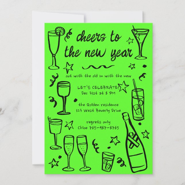 Whimsical NEW YEAR Party Cocktail Drinks Custom  Invitation (Front)