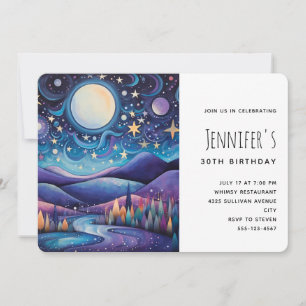 Whimsical Night Big Moon Landscape Birthday Invitation