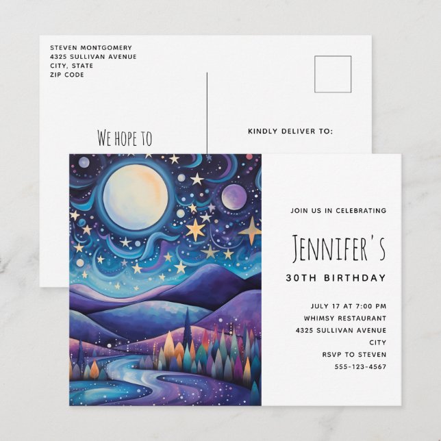 Whimsical Night Big Moon Landscape Birthday Invitation Postcard (Front/Back)