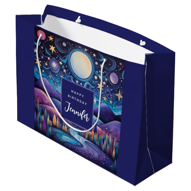 Whimsical Night Big Moon Landscape Birthday Large Gift Bag (Back Angled)